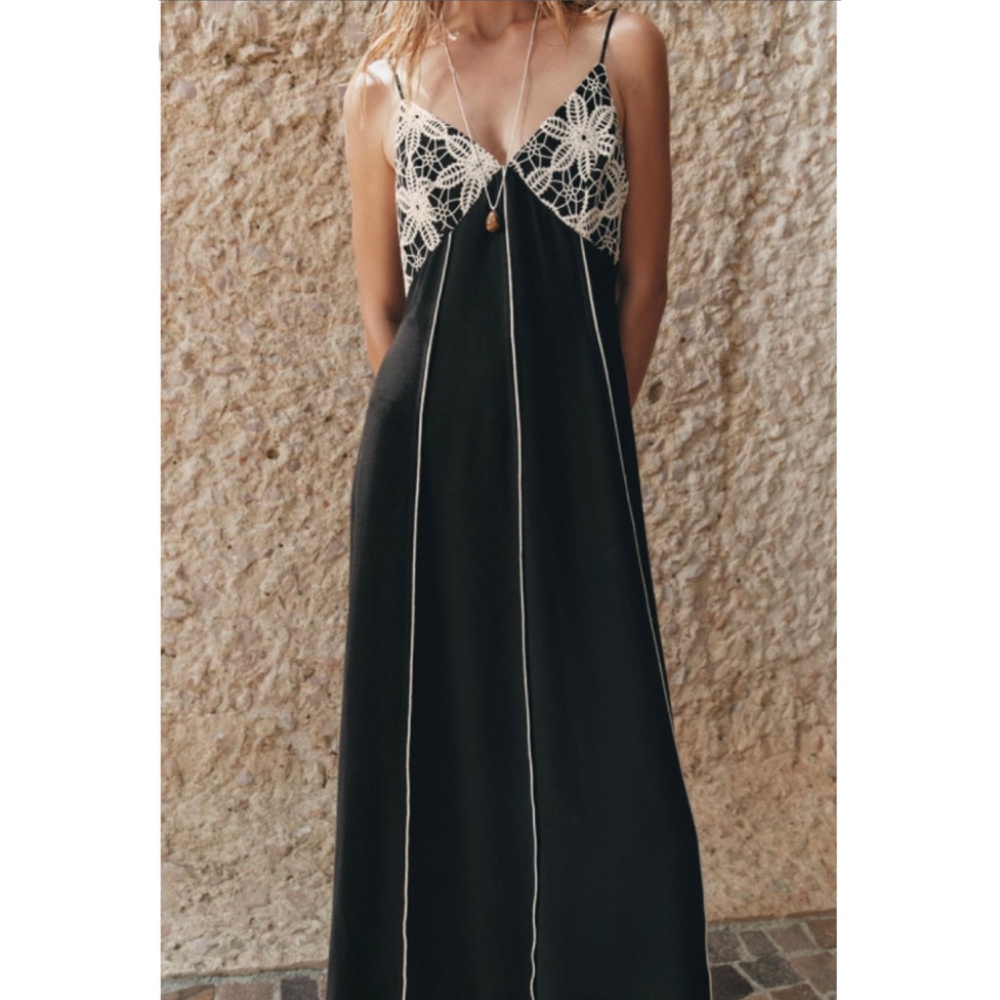 Zara Embroidered Midi Dress With Straps Brown White